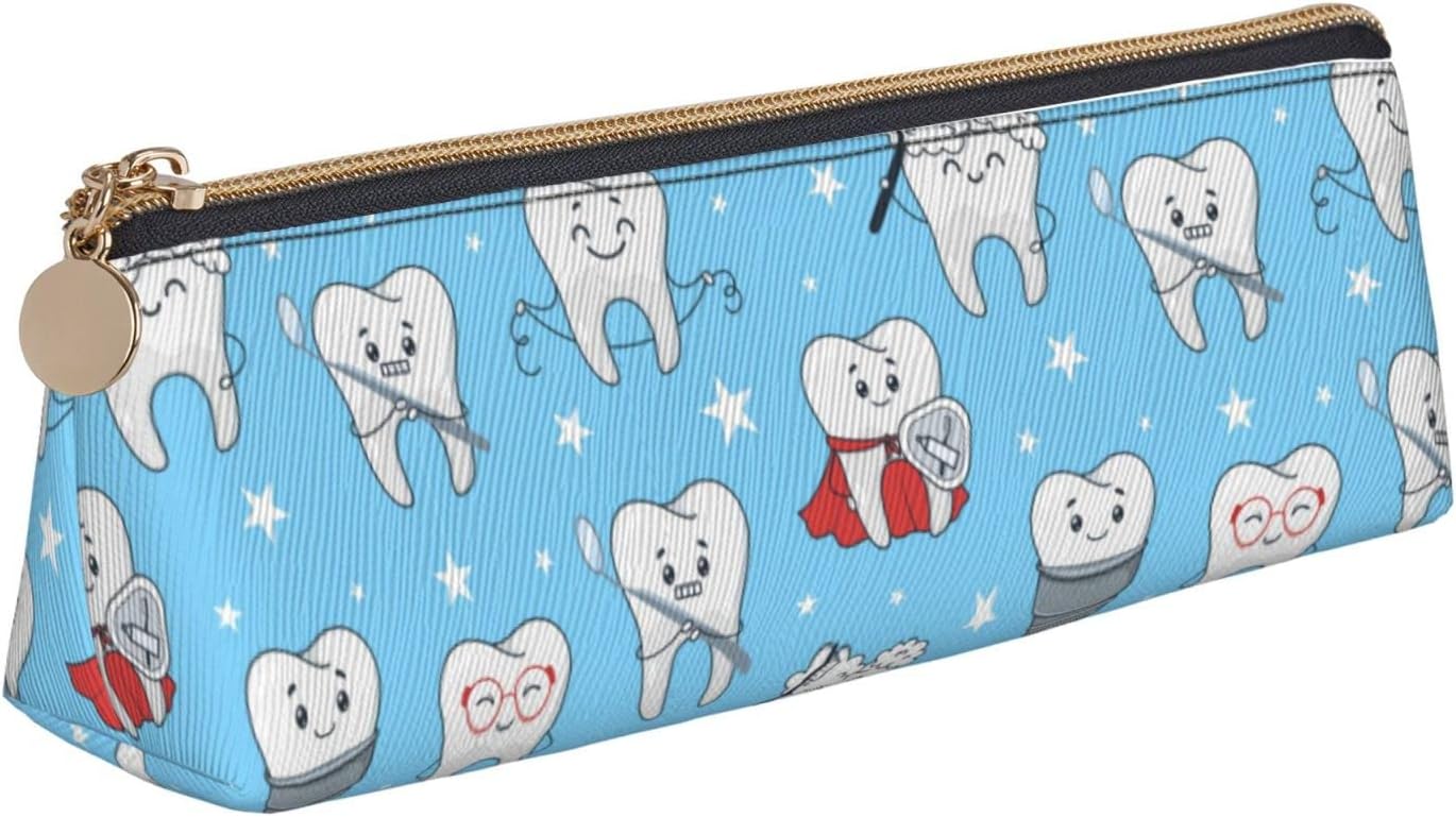 Cute Teeth Pencil Case Triangle Portable Pencil Case Leather Organizer with Zipper Cosmetic Bag, White, Bag organiser