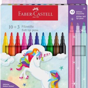 Faber-Castell 554213 Felt Tip Pen Set Unicorn, 13 Fibre Tip Pens in Standard and Pastel Colours, Includes Unicorn Sticker