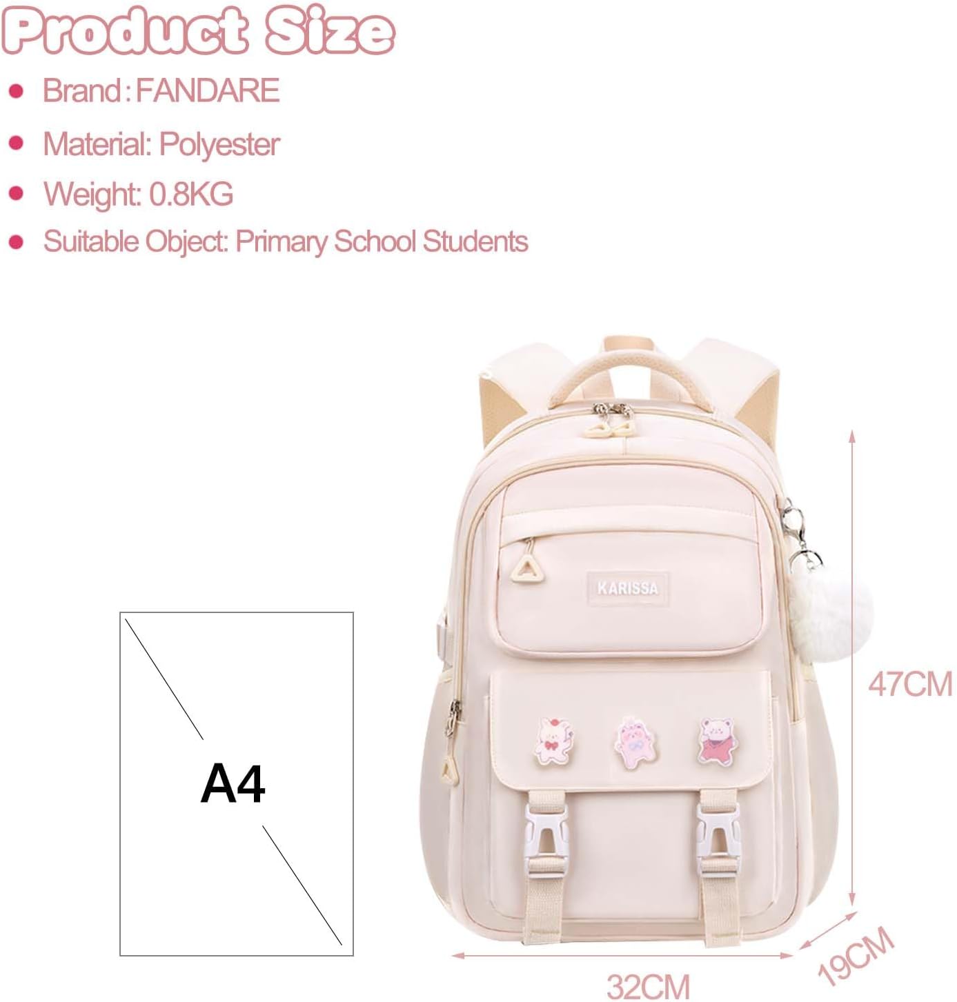 FANDARE Children's Backpack School Backpack for Girls School Bag with Cute Badge Boy Teenager School Bag Backpack Book Bags School Daypack Lightweight Backpack School Daypacks Beige – Bild 3