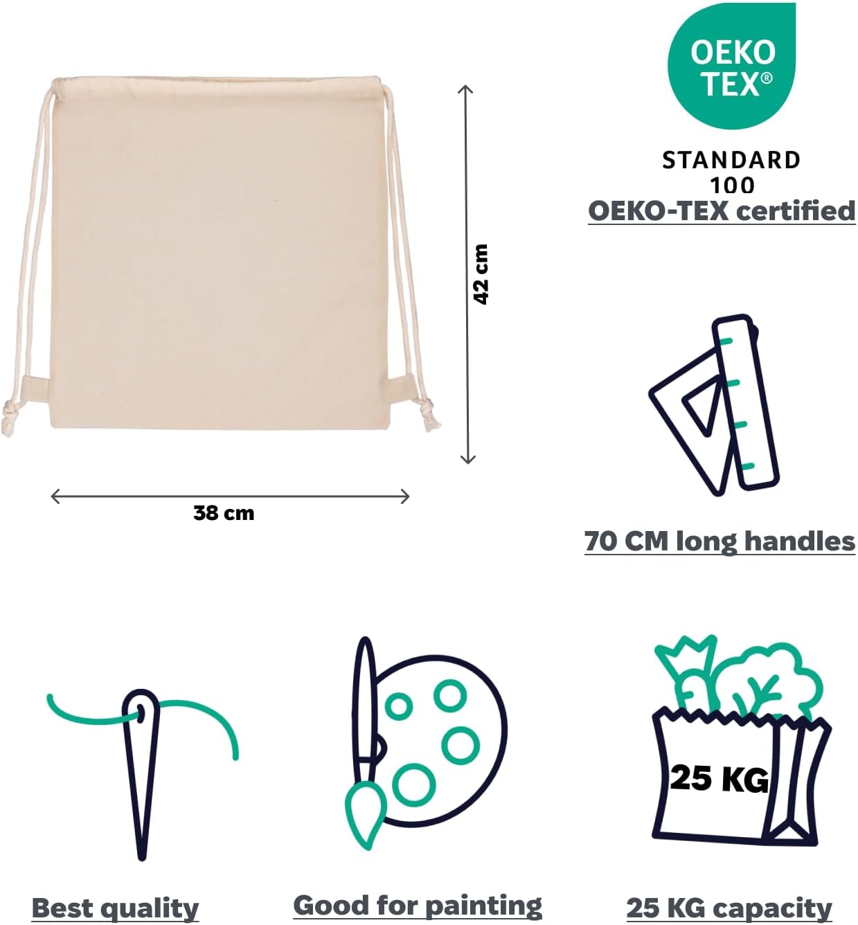 Cotton Gym Bag Unprinted - 5 | 10 | 25 Pack - For Painting and Printing - Oeko-Tex® Tested - Drawstring Bags - for Sports, Travel, School and Leisure – Bild 2