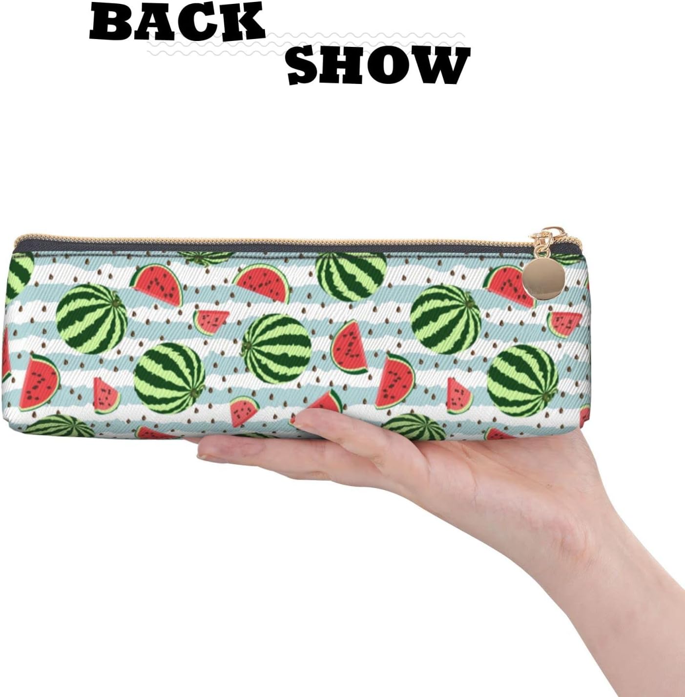 Federmäppchen mit Wassermelonen-Streifenmuster, dreieckig, tragbares Federmäppchen, Leder-Organizer mit Reißverschluss, Kosmetiktasche – Bild 4