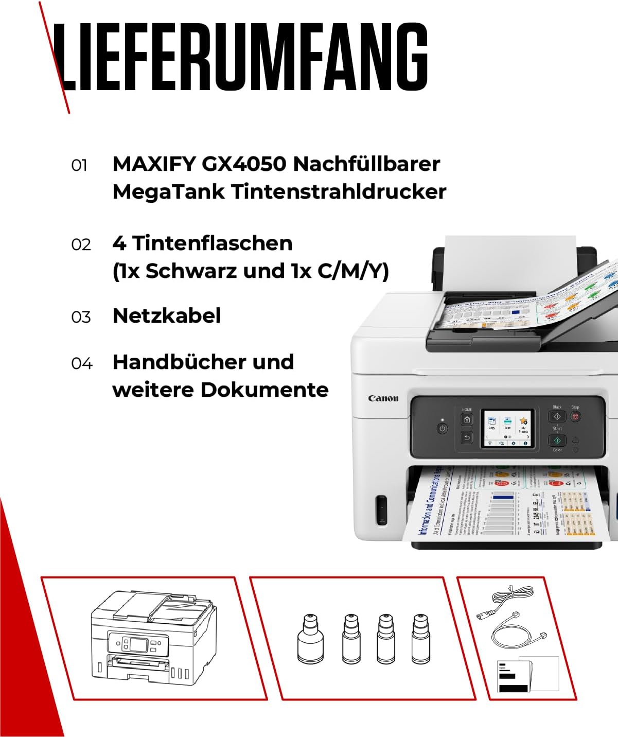 Canon MAXIFY GX4050 MegaTank Multifunktionsdrucker 4in1 (Tintenstrahl, Druck, Kopie, Scan, Fax, ADF 35 Blatt, WLAN, LAN, TouchLCD, Duplex, niedrige Seitenkosten, hohe Reichweite, gerader Einzug) weiß – Bild 7