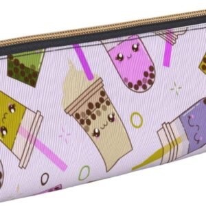 Cute Cartoon Bubble Tea Pattern Pencil Case Triangle Portable Pencil Case Leather Organizer Zipper Cosmetic Bag, White, Bag organiser