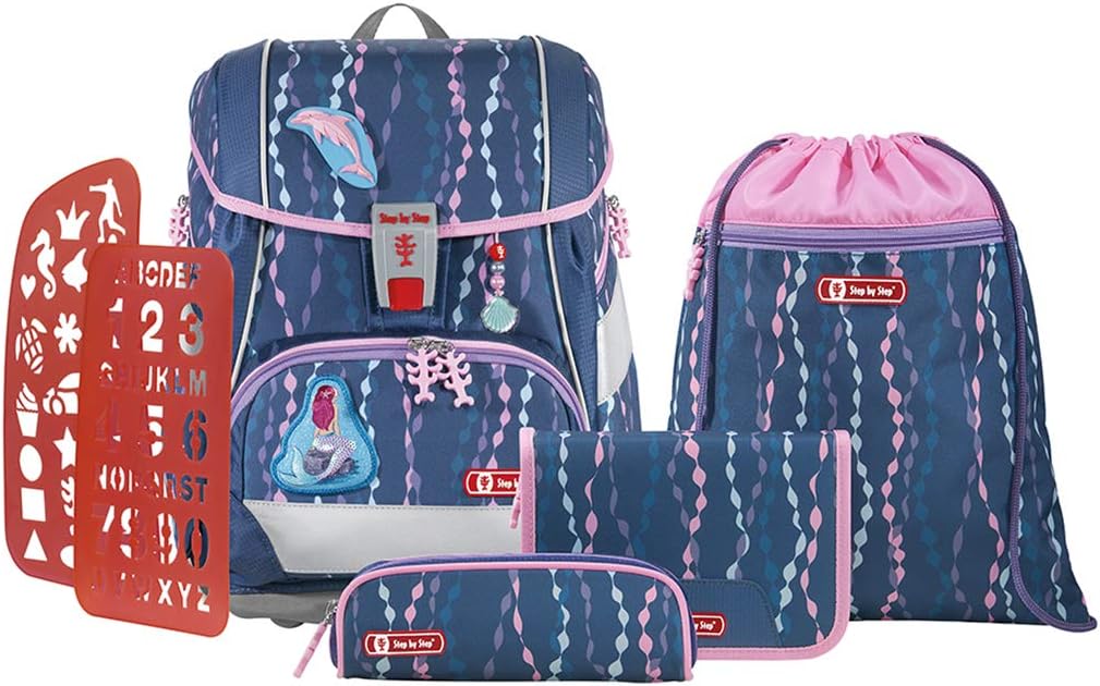 Step by Step 2-in-1 Plus School Bag Set, 6 Pieces, Ergonomic Satchel with Reflectors, Height-Adjustable with Waist Belt, Year 1 and Up, 19 L