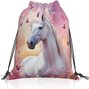 Horse Backpack with Drawstring, Drawstring Bag, Gym Bag, Large, Waterproof Drawstring with Butterfly Pattern, Horse Gift, Sports Bag for Men and Women, Gym Bag, Sports Backpack