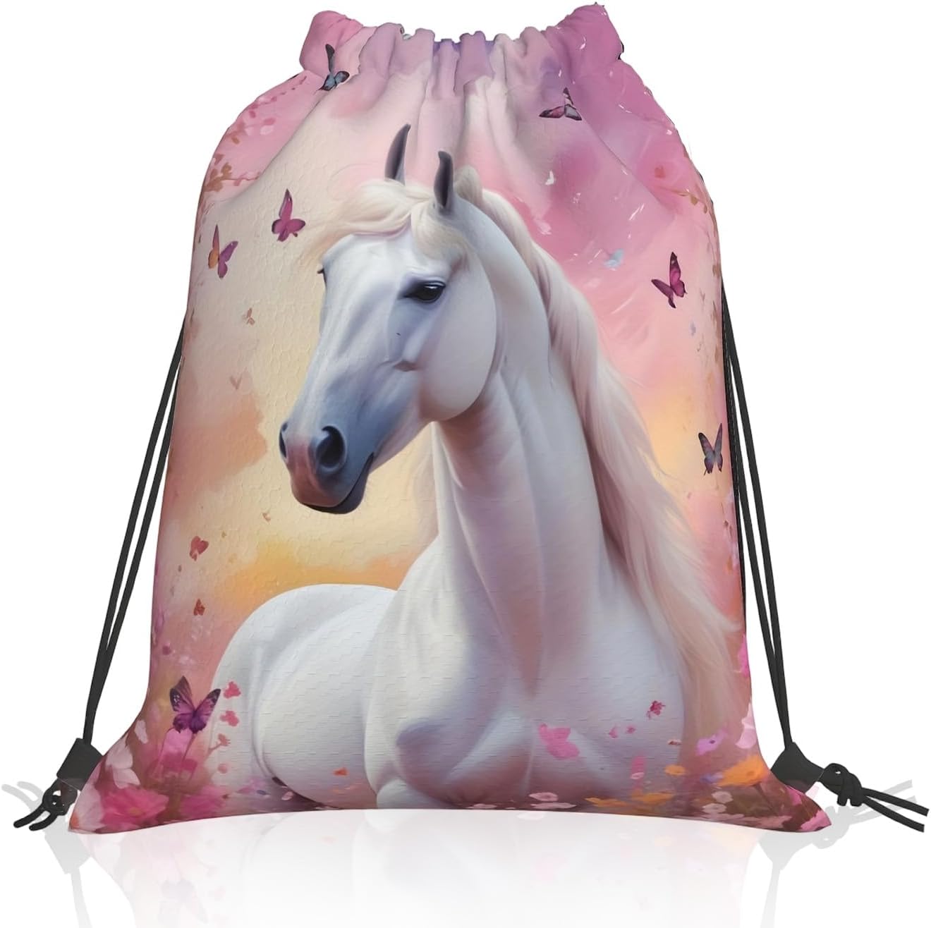 Horse Backpack with Drawstring, Drawstring Bag, Gym Bag, Large, Waterproof Drawstring with Butterfly Pattern, Horse Gift, Sports Bag for Men and Women, Gym Bag, Sports Backpack