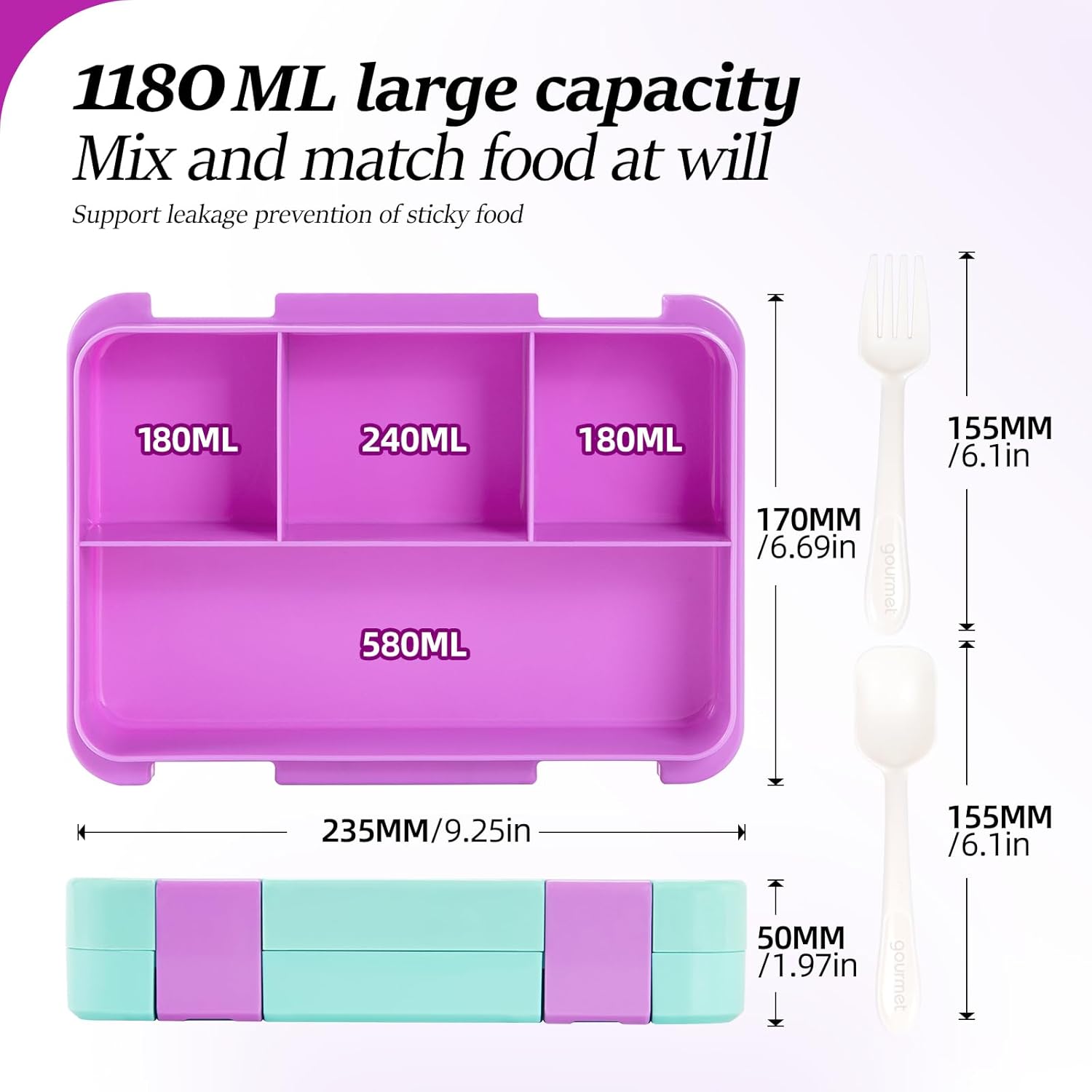 QCQHDU Children's Lunch Box with 5 Compartments - Lunch Box with Dividers, 1300 ml Bento Box for School, Nursery, Outdoor, Leakproof, Dishwasher Safe, BPA-Free, Food Container with Cutlery – Bild 2