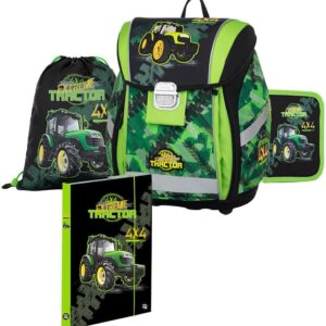 Premium School Set 4 Pieces: Ergonomic School Backpack, Sports Bag & Pencil Case with A4 Document Box Ideal for 1st & 2nd Class, Tractor