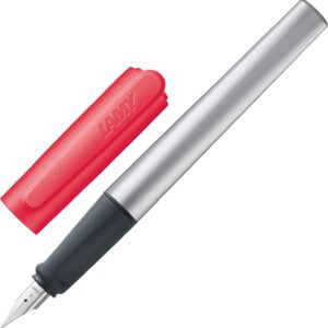 Lamy nexx neoncoralred Fountain Pen with Non-Slip Grip and Polished Steel Nib in Line Width A – Triangular Aluminium Housing – Includes Ink Cartridge T 10 Blue – Right-Handed