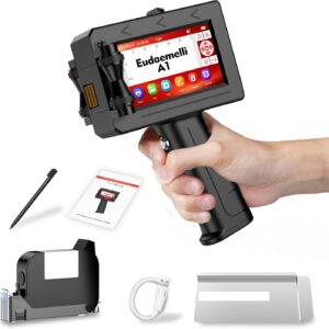 Eudaemelli A1 Hand Inkjet Printer – Portable Handheld Printer of Texts/Logos/QR Codes/Barcodes/Date/Serial Numbers, Inkjet Coding System for Cardboard/Metal/Plastic/Ceramic/Wood/Textiles