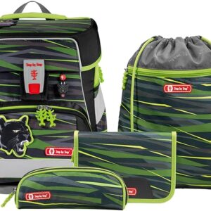 Step by Step Space Wild Cat Chicago School Bag Set, 5 Pieces, Black/Yellow, Jungle Design, Ergonomic Satchel, Reflectors, Height-Adjustable, Waist Belt for Boys 1st Class, 20 L