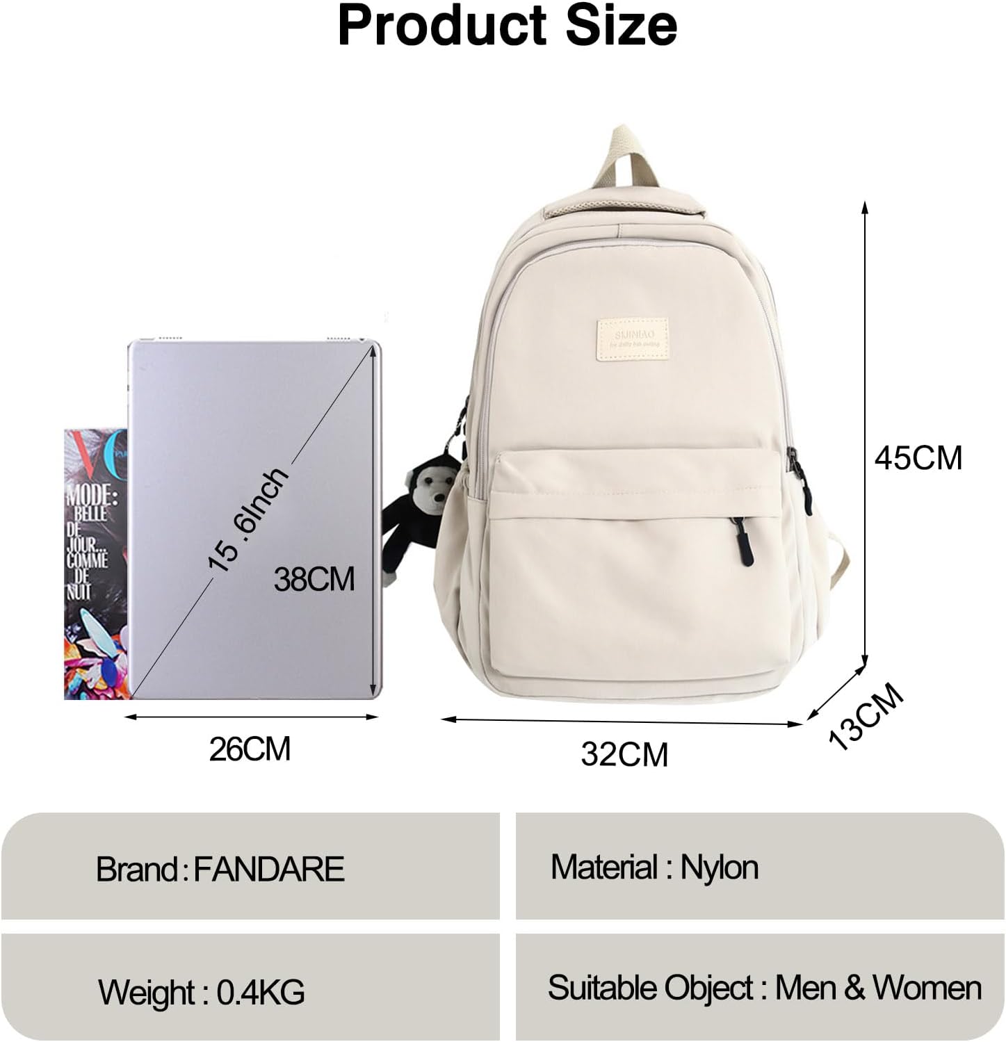FANDARE School Backpack Women's Daypack with Laptop Compartment School Bags Men's Laptop Backpack for Girls Teenagers Lightweight Backpack Water-Repellent College for Outings, University, School Office, Beige White – Bild 3