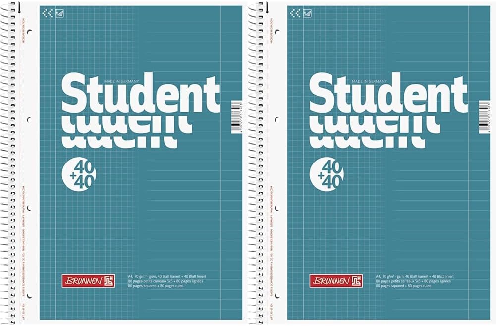 Brunnen 1067974 Student Duo Notepad/College Pad (A4 Ruled (Line Style 27, Line Style 28) 70 g/m² 40 Sheets Ruled, 40 Sheets Squared) (Pack of 2)