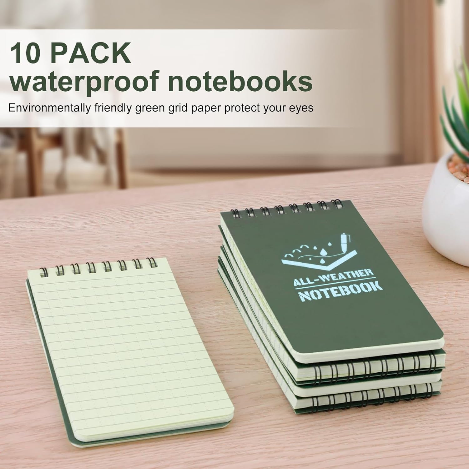 RETON Pack of 10 Waterproof Notepads, All-Weather Notepads with Top Spiral, 3 x 5 Inch Pocket Notebook, Tactical Steno Blocks with Grid for Outdoor Activities Recording (Army Green) – Bild 6