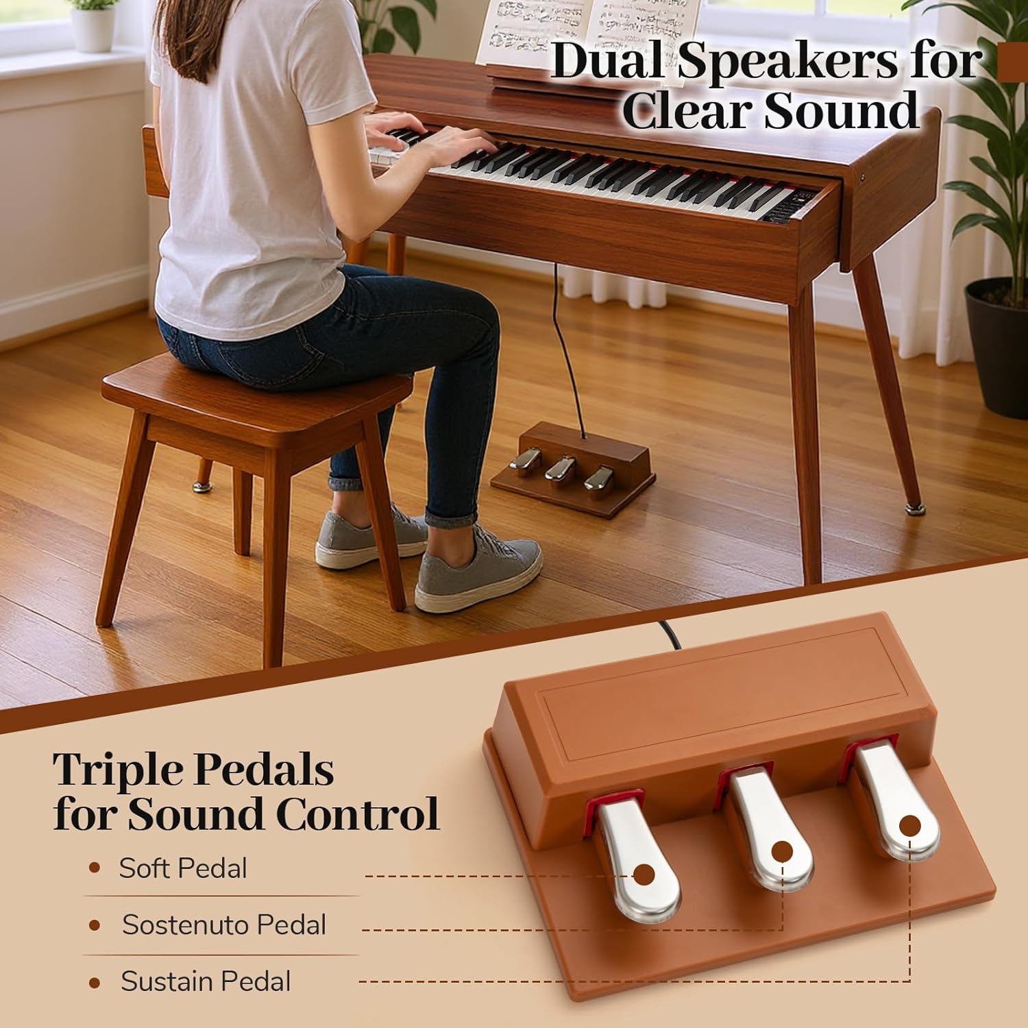 KOMFOTTEU 88 Keys Digital Piano, Electronic Pianos with 800 Sounds & 600 Rhythms, Heavy Keys, Electric Piano with Music Stand & 3 Pedals, Double Key Mode, Brown – Bild 3