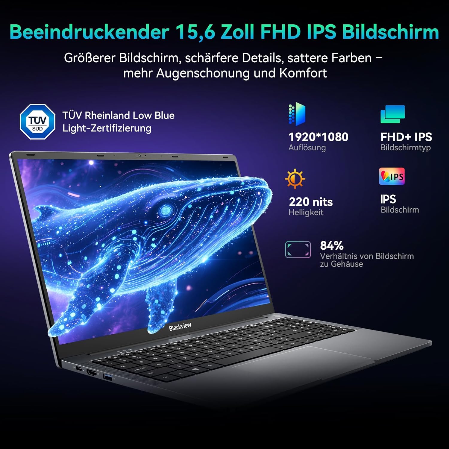 Blackview 15.6 Inch Laptop, N150 (Better N95/N97) up to 3.6GHz, 16GB RAM 512GB SSD Notebook for Business Students, FHD IPS Display, Eye Protection, 100W Type-C, 4K HDMI, Bluetooth, WiFi 5, QWERTY – Bild 4