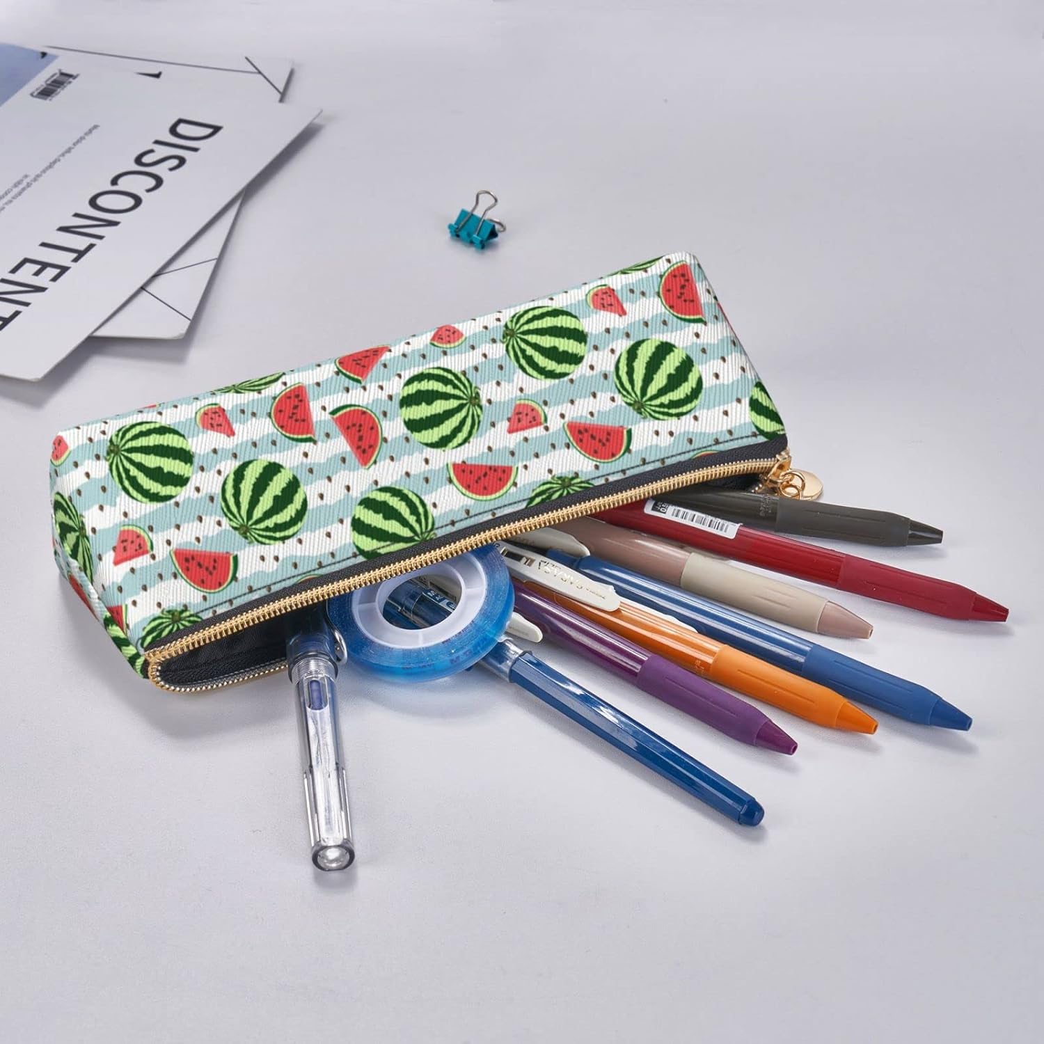 Federmäppchen mit Wassermelonen-Streifenmuster, dreieckig, tragbares Federmäppchen, Leder-Organizer mit Reißverschluss, Kosmetiktasche – Bild 7