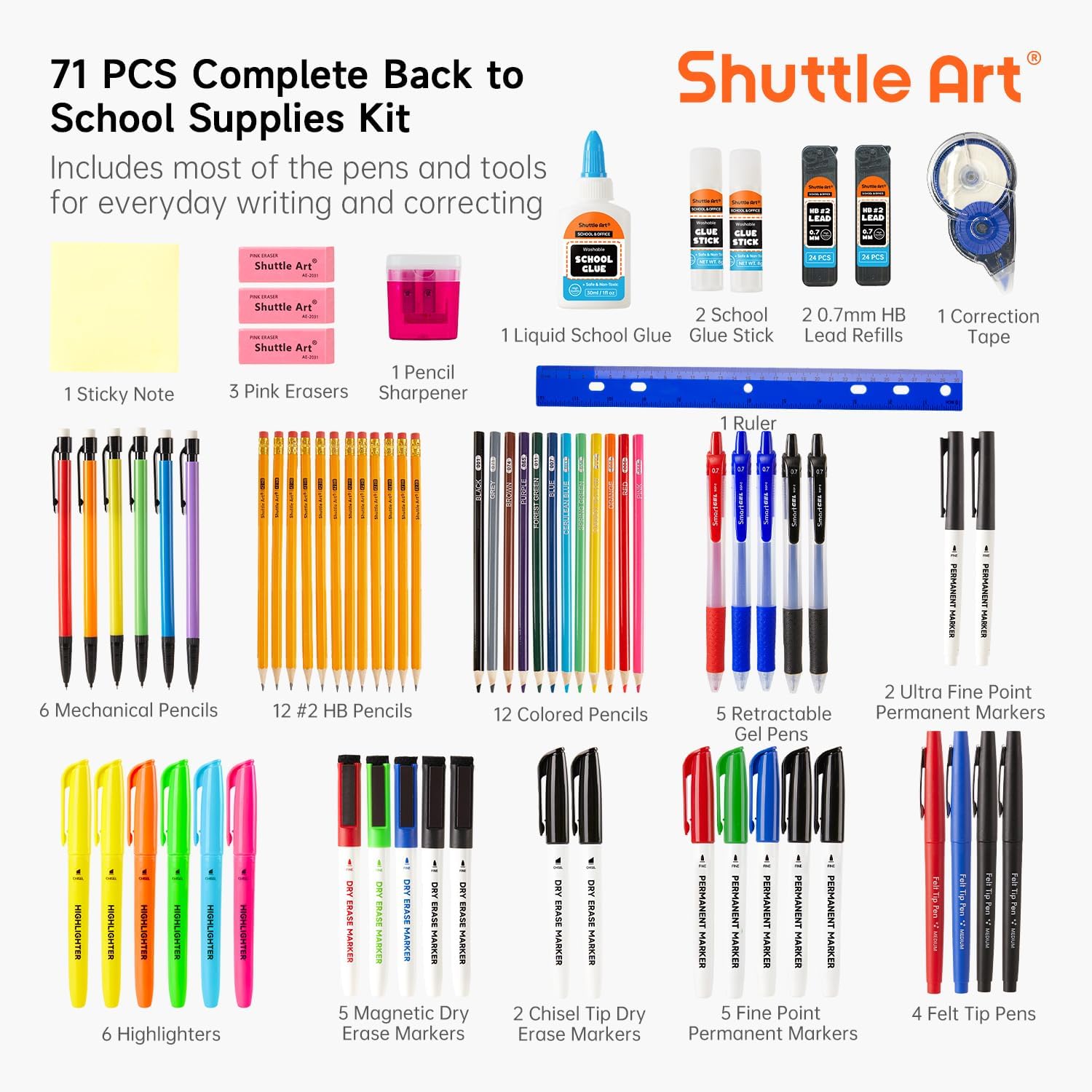 Shuttle Art 71-piece school supplies set, school supplies box for back to school, school enrolment, colouring pens, stationery for children and students, pencils, pens, markers, erasers, notebooks, folders – Bild 2