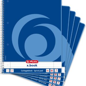 Herlitz 306423 Spiral-Bound A4 Notepad, 80 Sheets, Left and Right Margins, Pack of 5