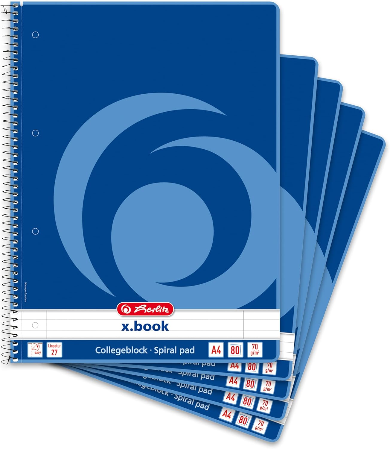Herlitz 306423 Spiral-Bound A4 Notepad, 80 Sheets, Left and Right Margins, Pack of 5