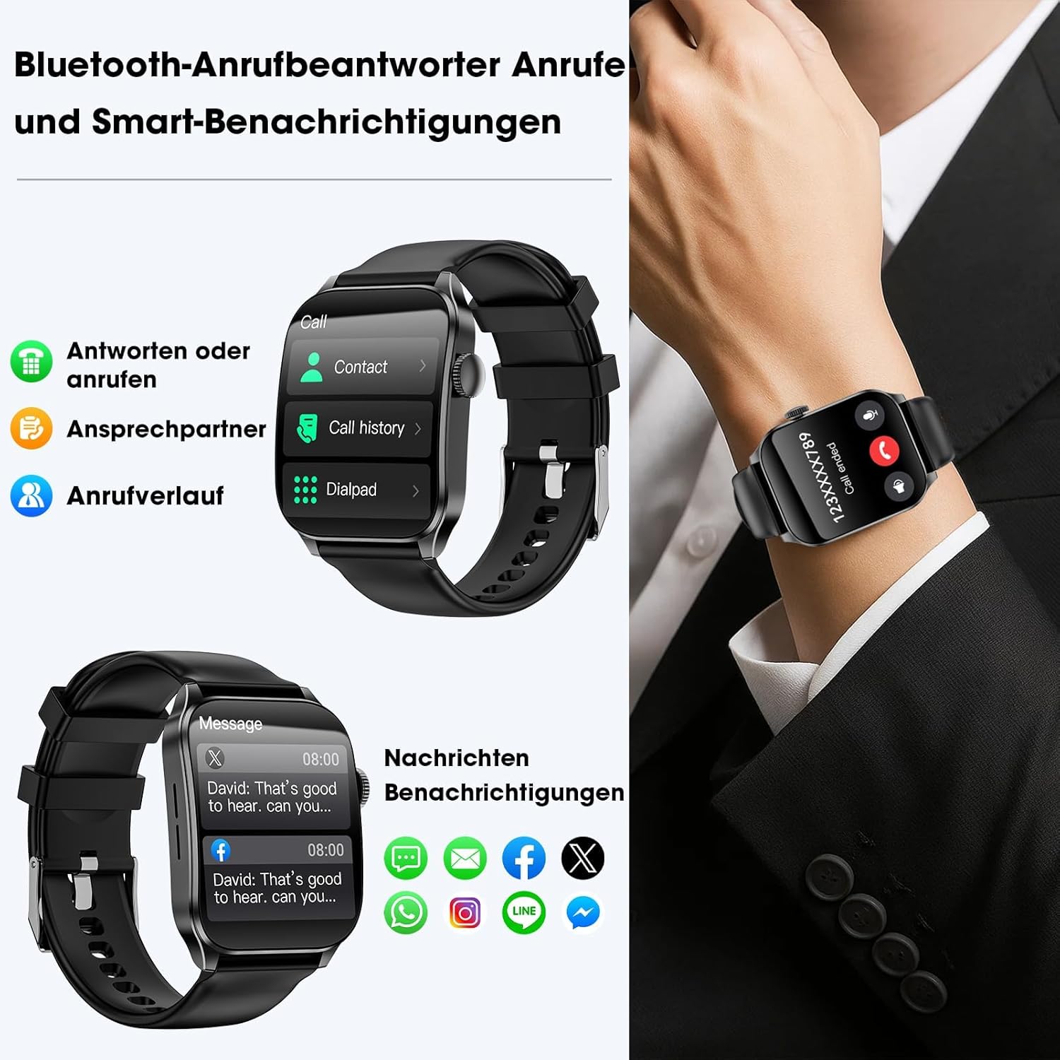Smartwatch Men Women 1.91 Inch HD Curve Display Smart Watch with Bluetooth Calls, 100+ Sports Modes, Fitness Watch with Heart Rate/Sleep Monitor/Pedometer, IP67 Waterproof Sports Watch for Android iOS – Bild 2