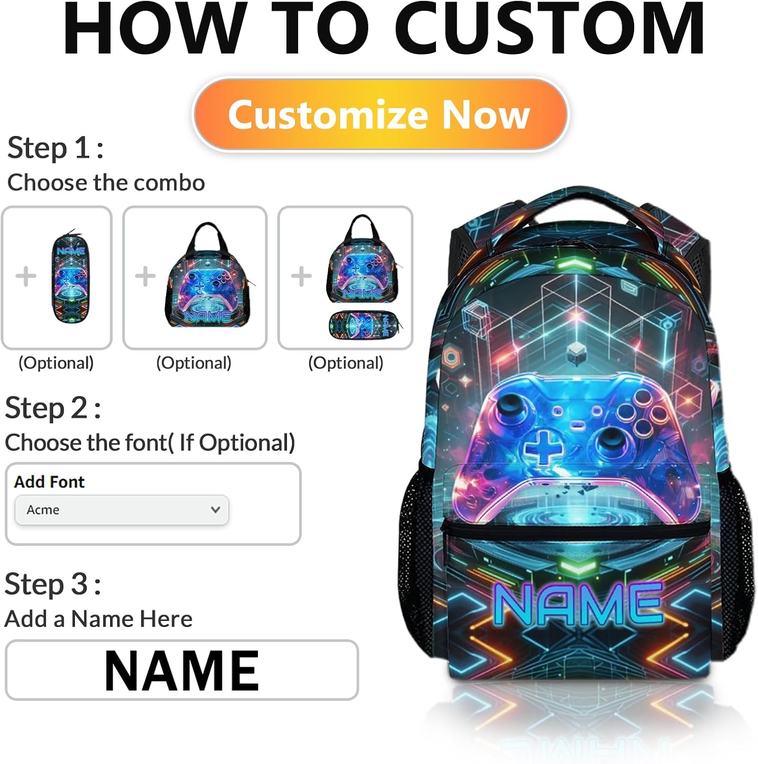 Personalised Gamer School Backpack with Name - Gaming Backpack for Children with Controller Design, Individual School Bag for School, Travel and Leisure – Bild 2