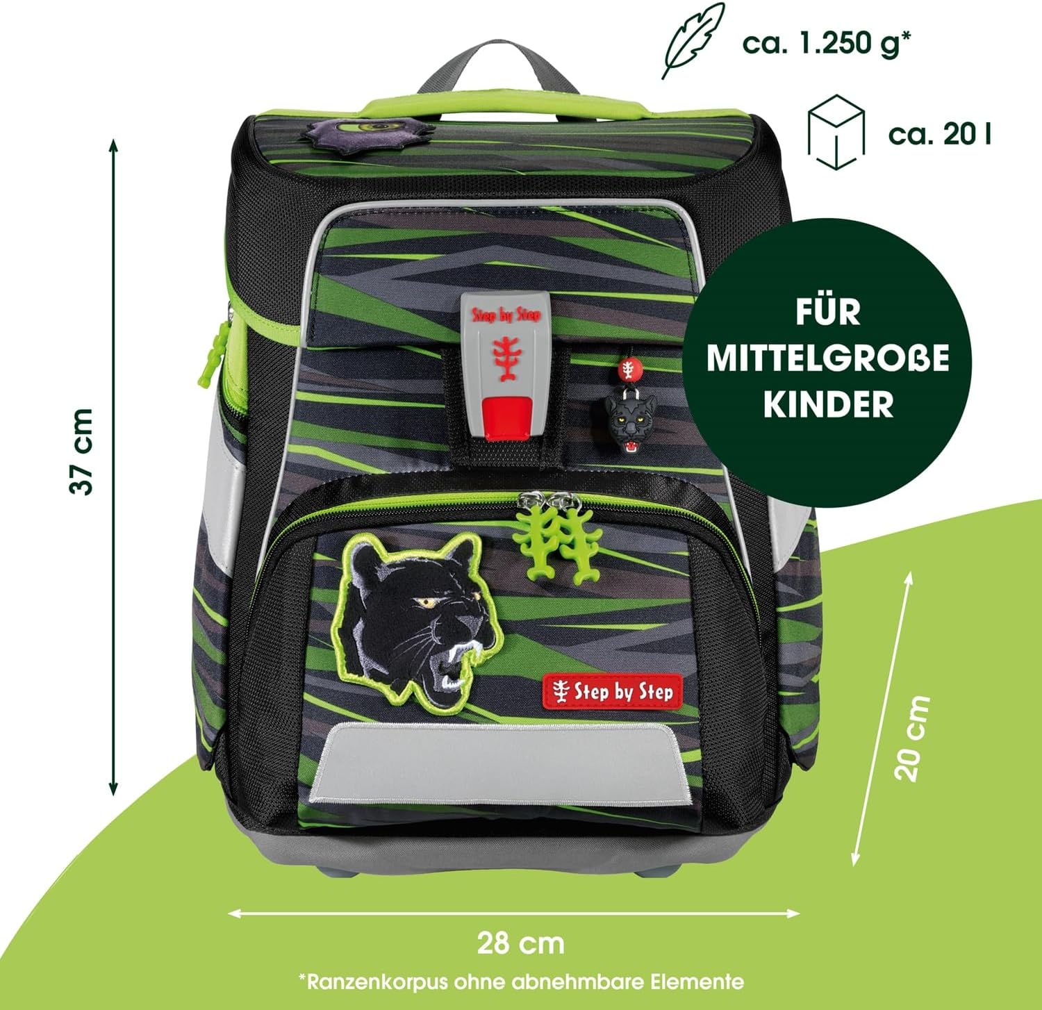 Step by Step Space Wild Cat Chicago School Bag Set, 5 Pieces, Black/Yellow, Jungle Design, Ergonomic Satchel, Reflectors, Height-Adjustable, Waist Belt for Boys 1st Class, 20 L – Bild 2
