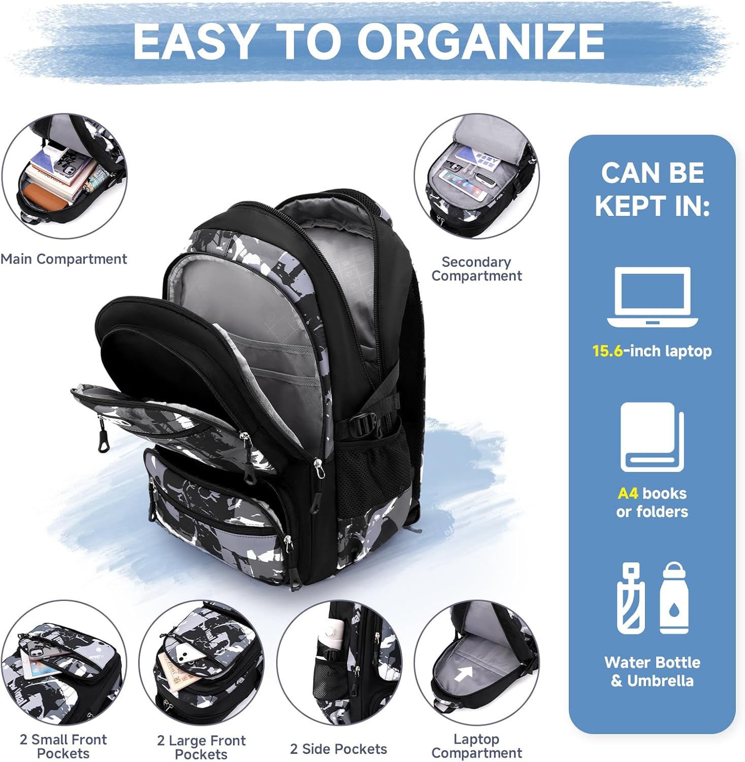 Backpack Teenager Boys School Backpack - 40L School Bag for Primary School 5+, Real School & University, Fashionable Daypack for Travel, Casual 16 Inch Laptop Backpack Men, Black, Letter – Bild 4
