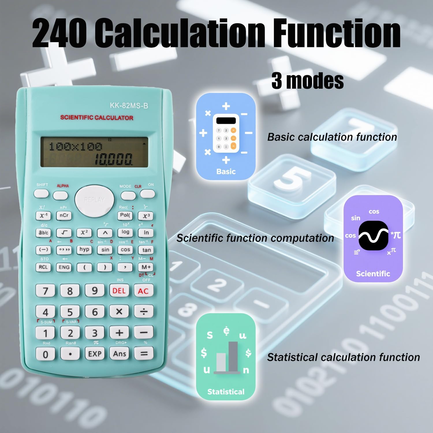 KK-82MS-D Portable Scientific Calculator with 240 Functions Dual Line Display for School Supplies, Students, Teachers, Business, Office, Home (Green) – Bild 4
