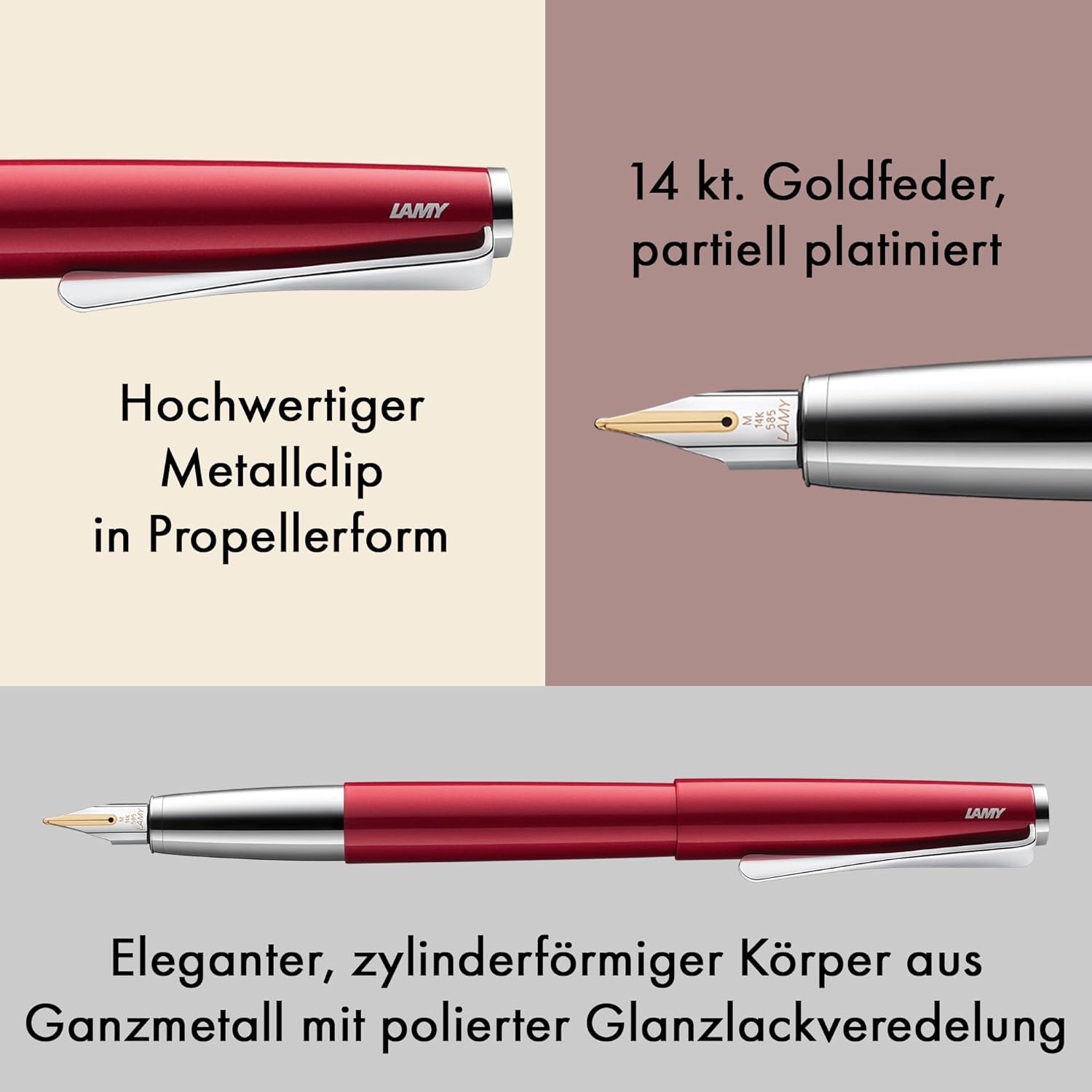 Lamy Studio Pianored Fountain Pen - Universal Fountain Pen in Elegant All-Metal Housing - 14 Carat Gold Nib, Partially Platinum Plated & M Line Width - Includes T 10 Blue Ink Cartridge – Bild 3