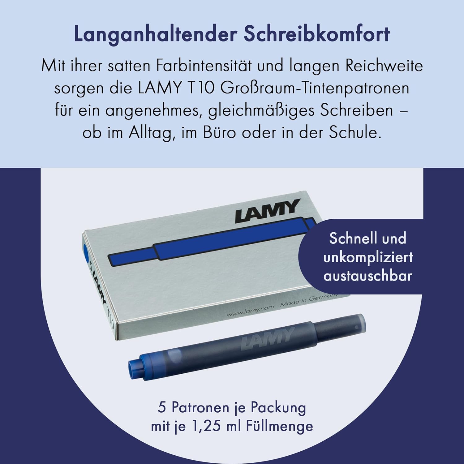 LAMY T10 Erasable Ink Cartridges with Large Ink Supply, Suitable for All Lamy Fountain Pen Models with Cartridges, 1.25 ml Content per Cartridge, 5 Pieces per Pack, Blue Ink Colour – Bild 3