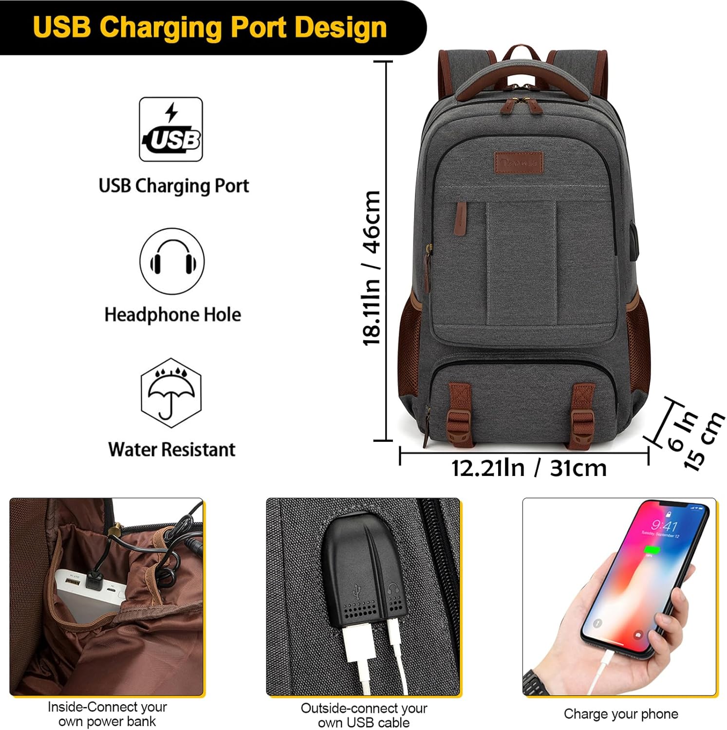 Tzowla Canvas Laptop Backpack, Travel Backpack Bag Men and Women, Work Travel Backpack for 15.6 Inch Notebook Calculator, Book Bag with USB Charging Port, Dark Grey – Bild 2