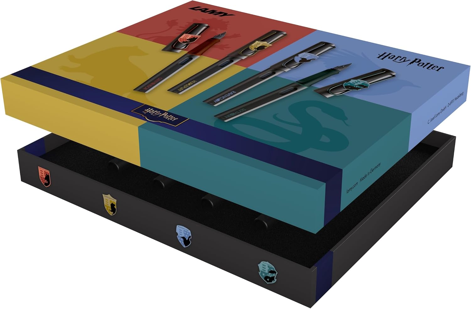 Lamy Safari Harry Potter Set of 4 - Special Edition Fountain Pen with Coat of Arms of Houses - Steel Nib in Line Width M - with Ergonomic Grip - Includes T10 Blue Ink Cartridge - Right-Handed