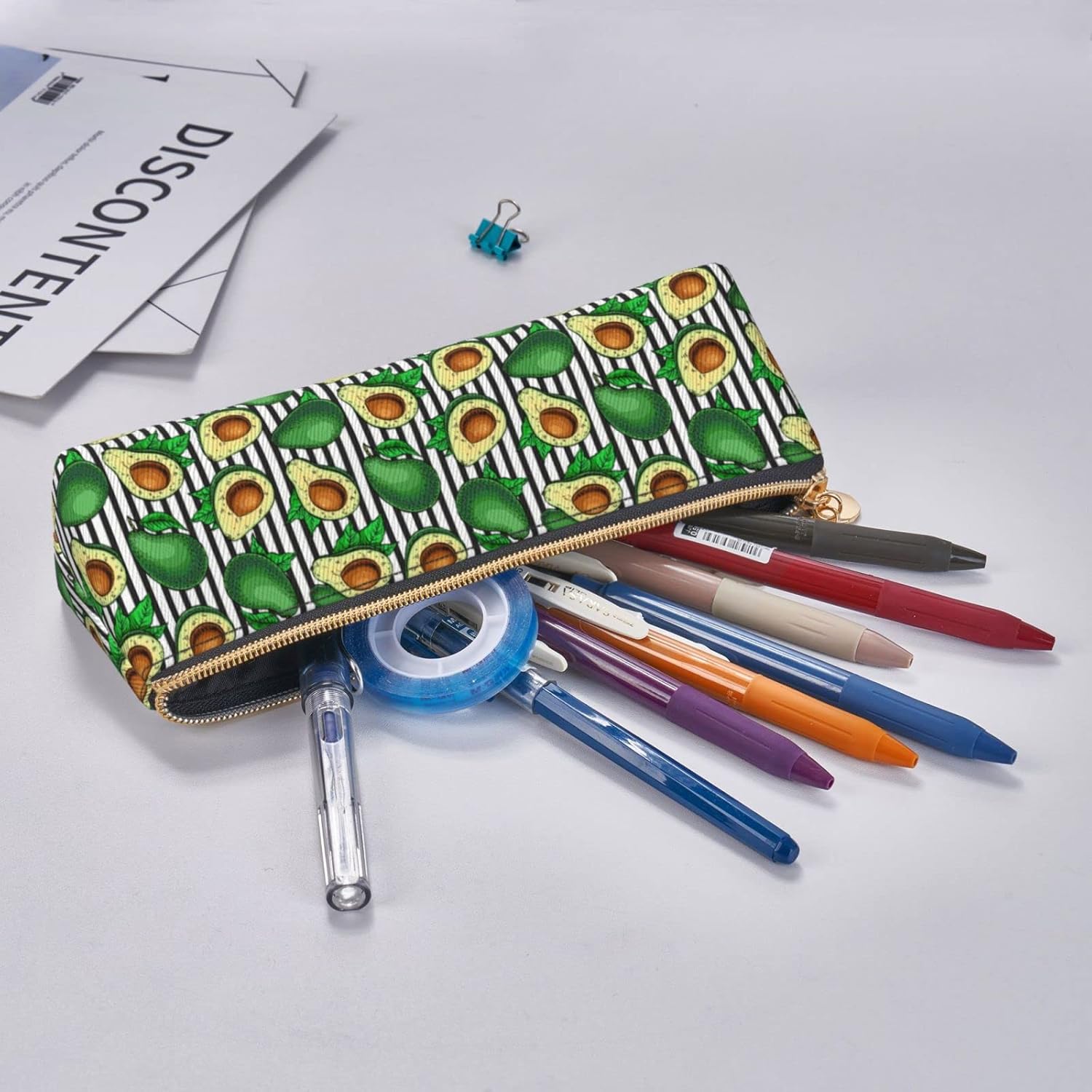 Avocado Pencil Case with Black and White Stripes Cosmetic Bag Pen Bag Triangle Leather Storage Bag Zipper Stationery Organizer for Adult Office, Avocado Black And White Stripes, Bag organiser – Bild 7