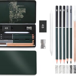 Pencil Set [10 Pieces], 2B 4B 6B and 4 Charcoal Pencils, Hard Charcoal, Soft Charcoal, Paper Wiper, Kneading Eraser and Sharpener, for Drawings