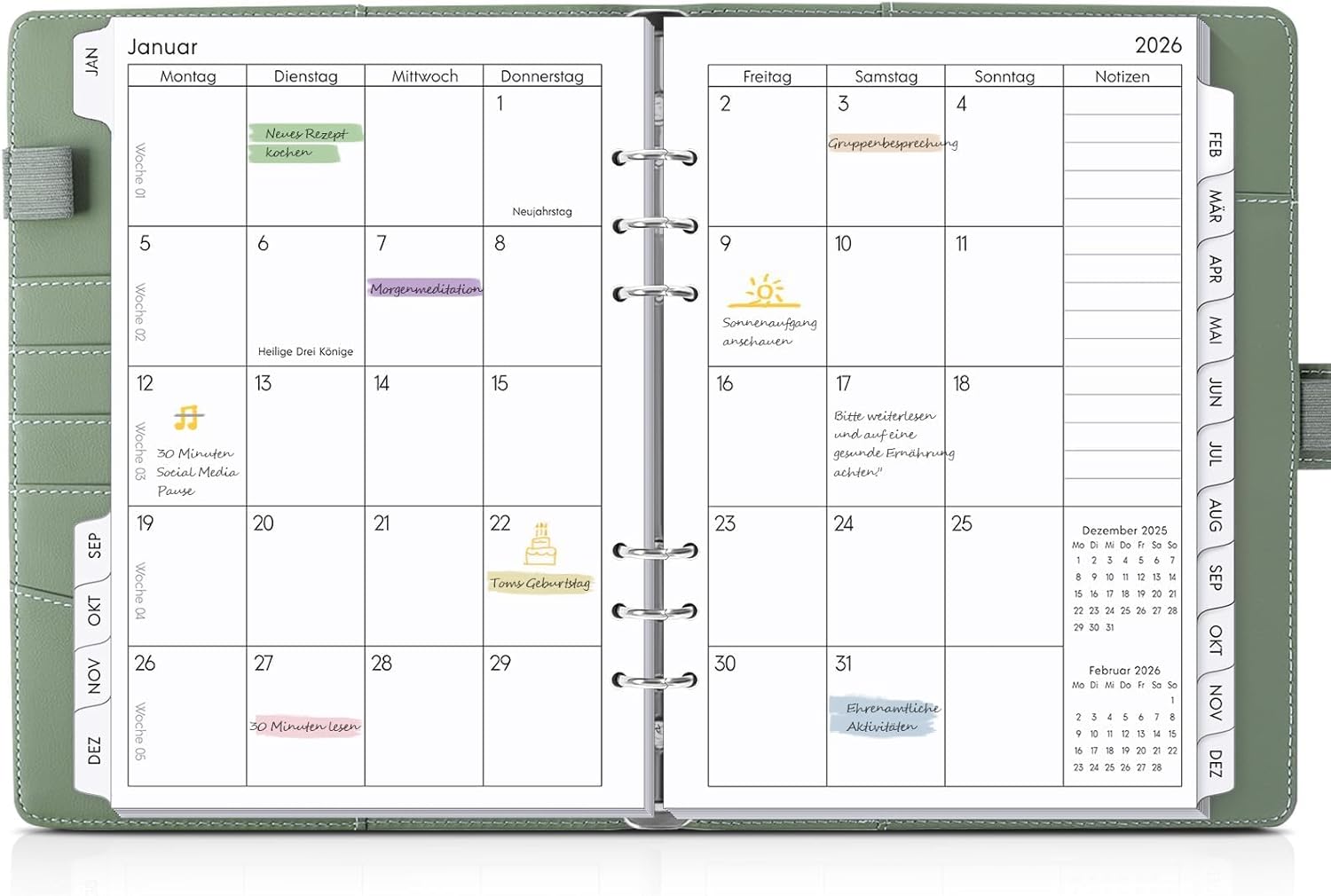 SKYDUE Calendar Ring Binder A5, Ring Binder A5 Refillable from September 2025 to December 2026, Diary 2026, Perfect for Students and Professionals (Olive Green)