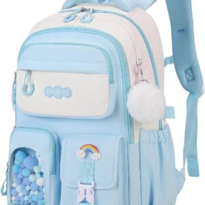 School Backpack Girls, Teenager Backpack with Pompom, Trolley Loop and Reflectors, Large School Bag for Girls 3rd - 7th Grade Water Resistant for School and Travel