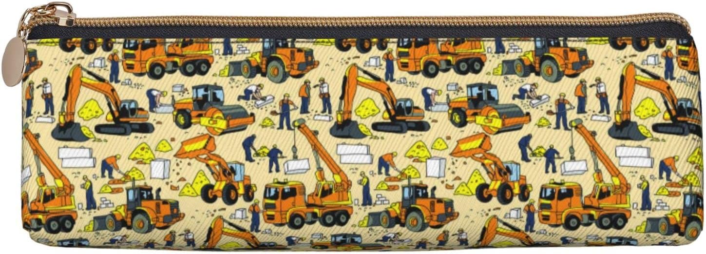 Federmäppchen mit BAU-LKW-Muster, Kosmetiktasche, Stiftetui, dreieckiges Leder, Aufbewahrungstasche, Schreibwaren-Organizer mit Reißverschluss, für das Büro von Erwachsenen – Bild 3