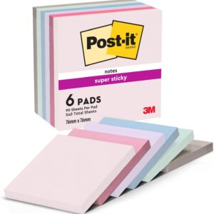 Post-it Super Sticky Notes Soulful Collection - 6 Pads, 90 Sheets per Pad, 76 mm x 76 mm, Pink, Purple, Green, Grey, Blue - Extra Strong Sticky Notes for Notes, To Do Lists and Reminders