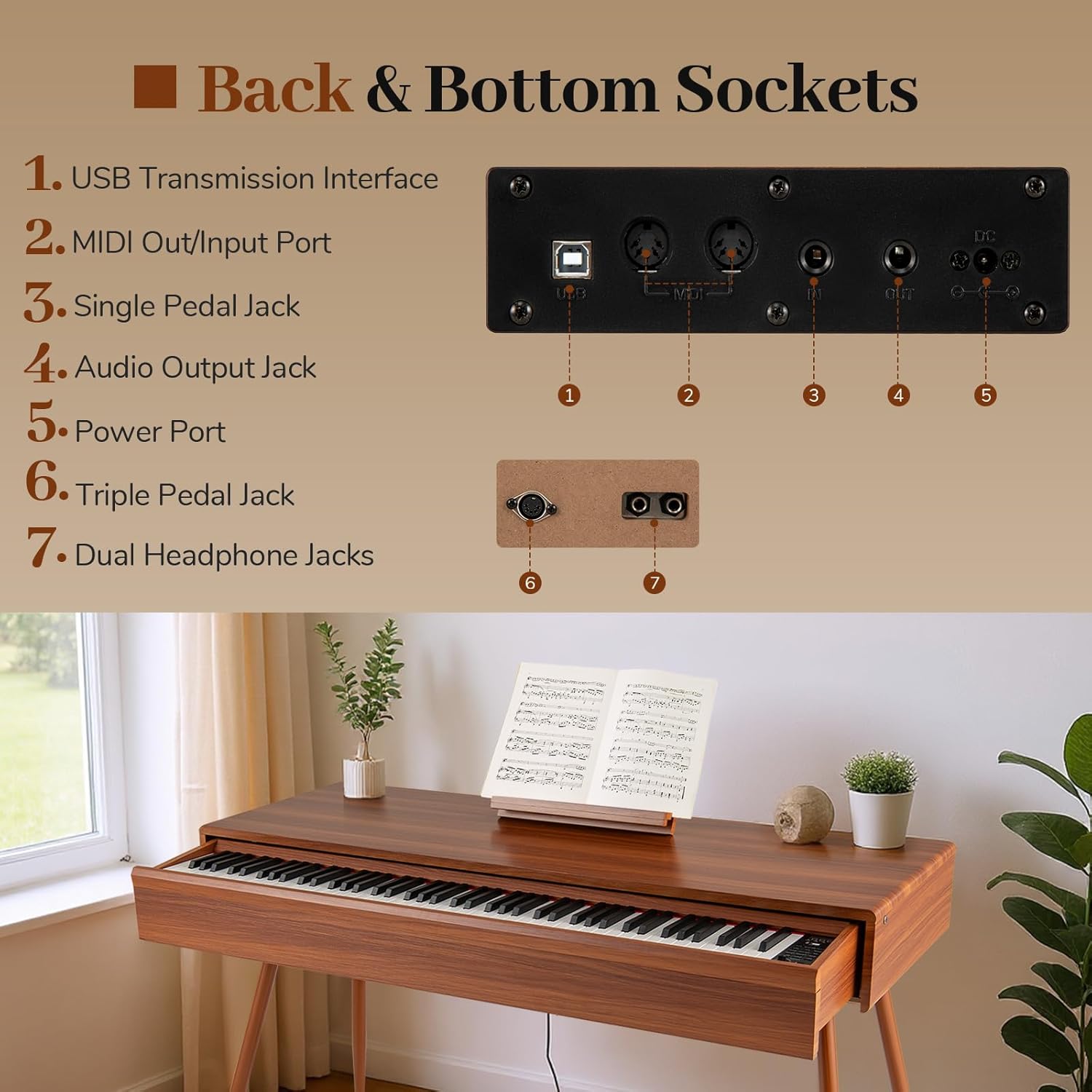 KOMFOTTEU 88 Keys Digital Piano, Electronic Pianos with 800 Sounds & 600 Rhythms, Heavy Keys, Electric Piano with Music Stand & 3 Pedals, Double Key Mode, Brown – Bild 5