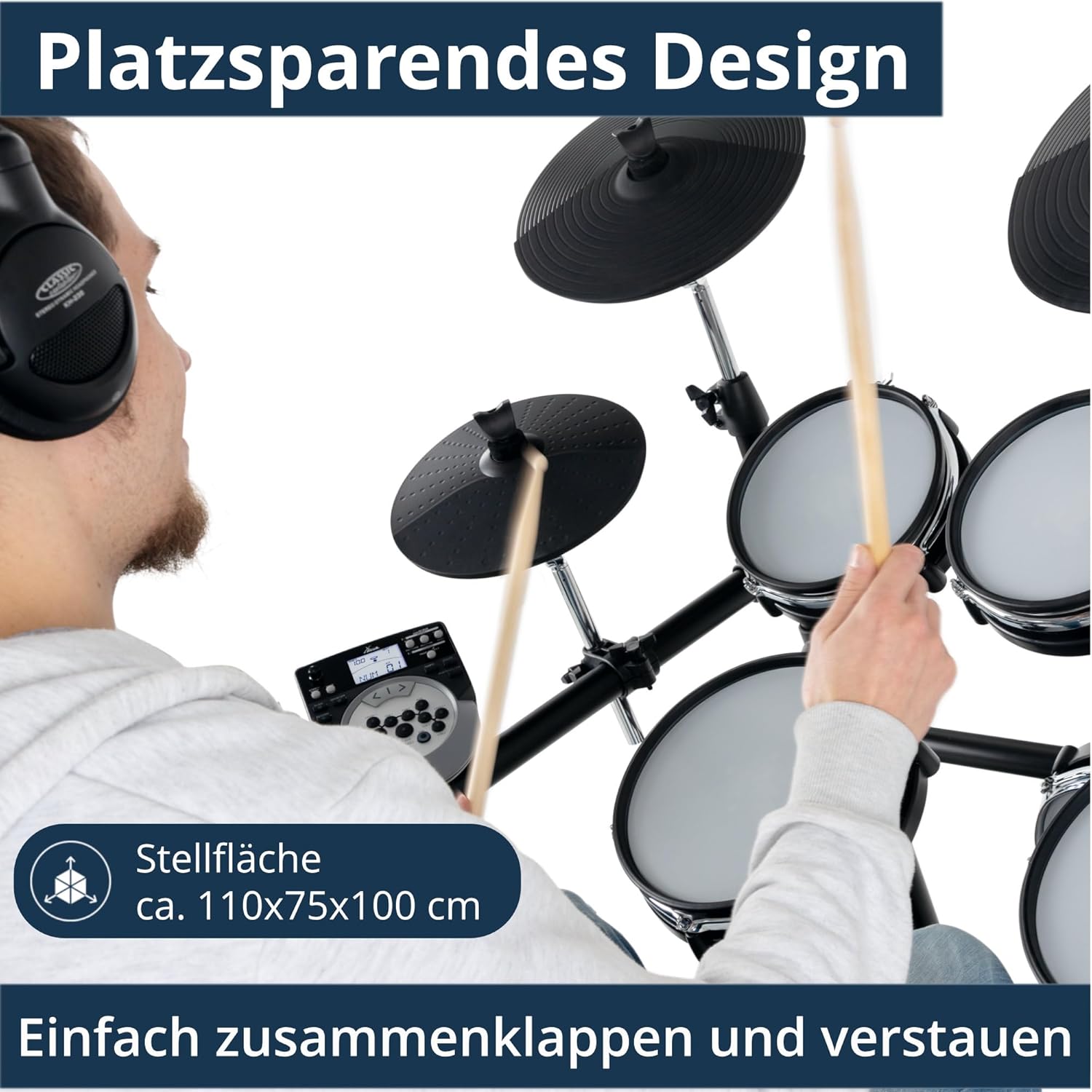 XDrum DD-530 E-Drum Set with Mesh Heads - Electronic Drum Kit with 3 Cymbal Pads, 4 Mesh Head Pads, 1 Kick Pad and Rack - 45 Drum Kits with 455 Sounds - Includes Stool, Headphones, School, Music Stand – Bild 9