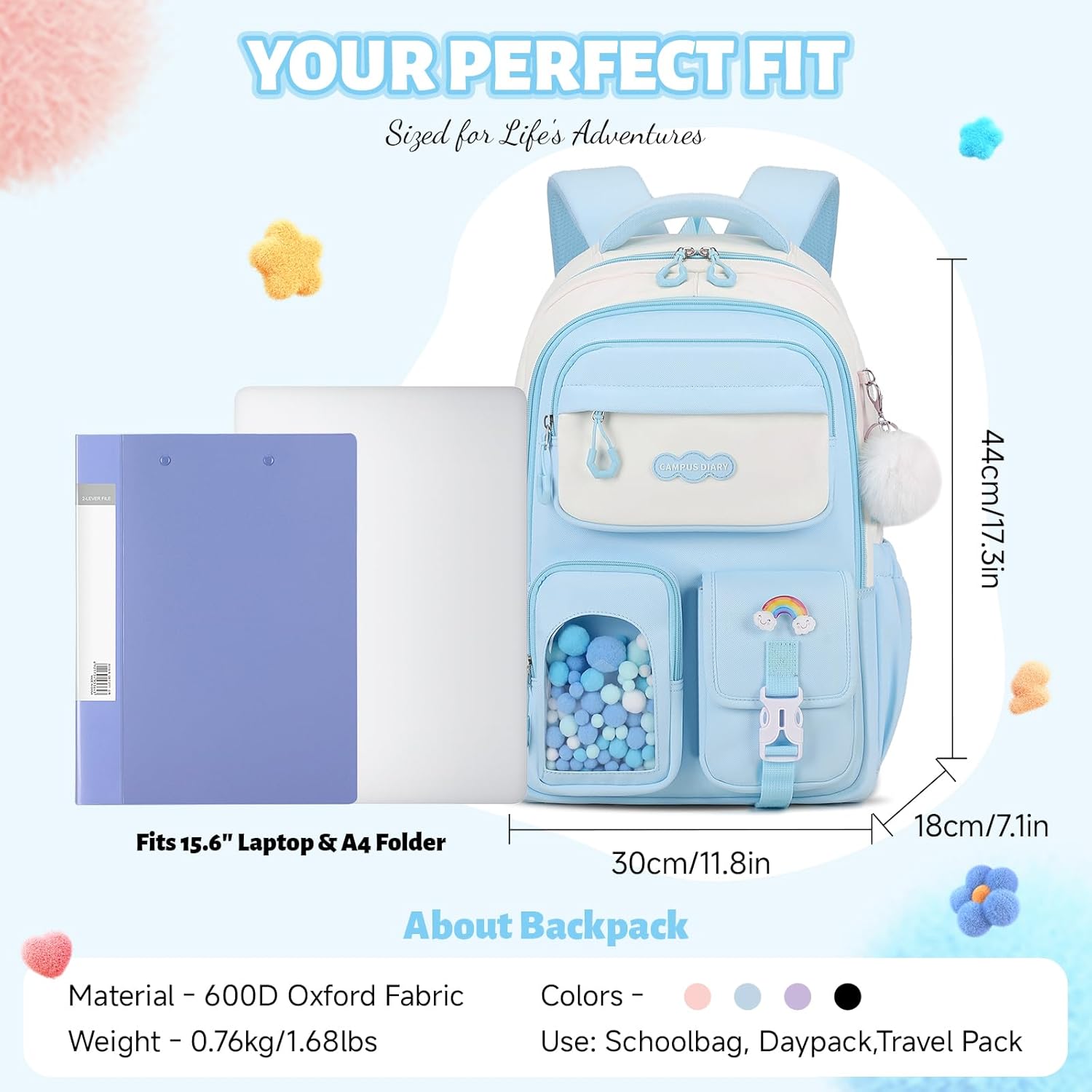 School Backpack Girls, Teenager Backpack with Pompom, Trolley Loop and Reflectors, Large School Bag for Girls 3rd - 7th Grade Water Resistant for School and Travel – Bild 3