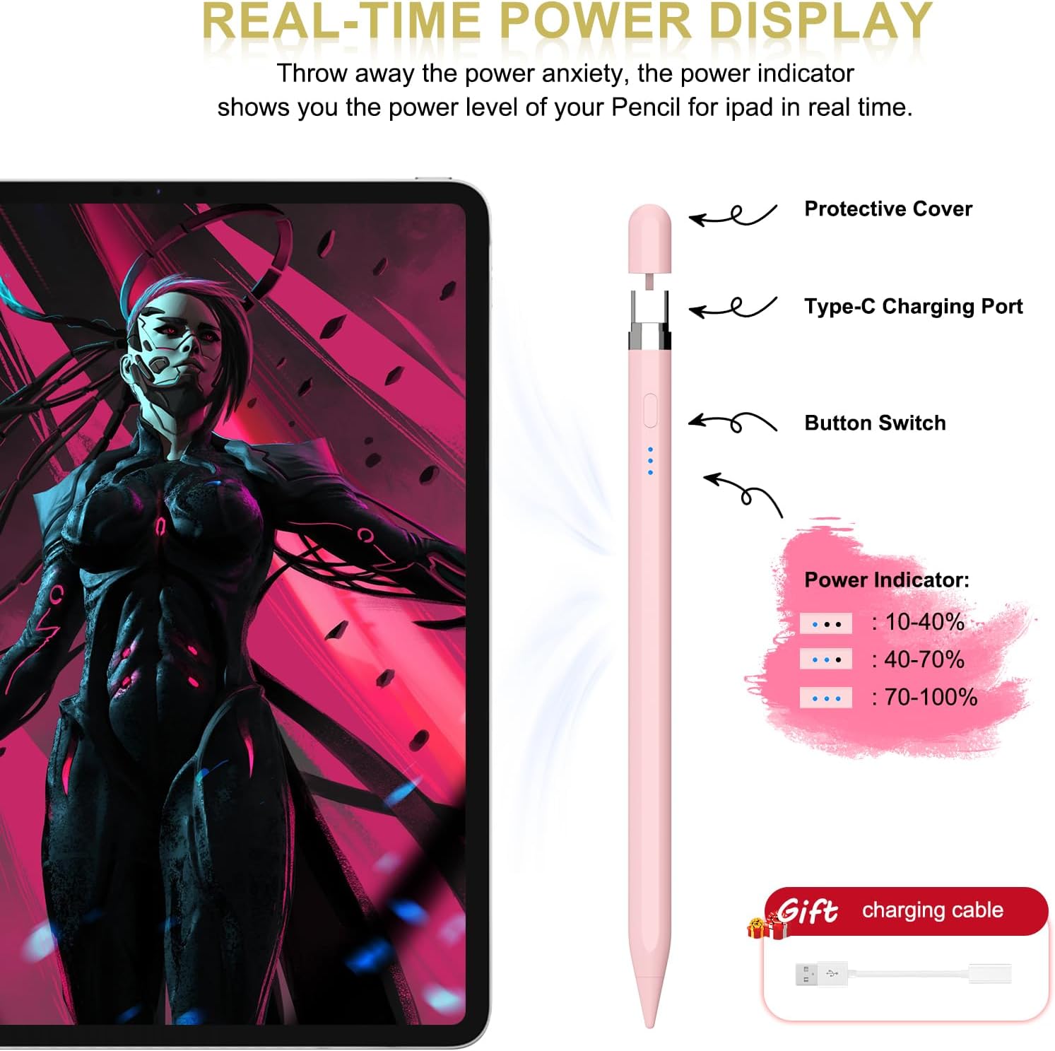 Pencil 1st Generation 4-20 Min Quick Charge (USB-C), Magnetic Pen for iPad with Palm Rejection & Tilt Sensitivity, 2024 Pencil Stylus Pen for iPad 6-10, Air 3-5, Mini 5-6, Pro 11/12 Inch – Bild 8