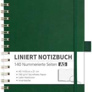 RETTACY Notebook A5 Lined Bullet Journal with 100 g/m² Thick Paper, 70 Sheets/140 Numbered Pages, College Pad for Office and School, Leather Cover, Dark Green, 14.8 cm x 21 cm