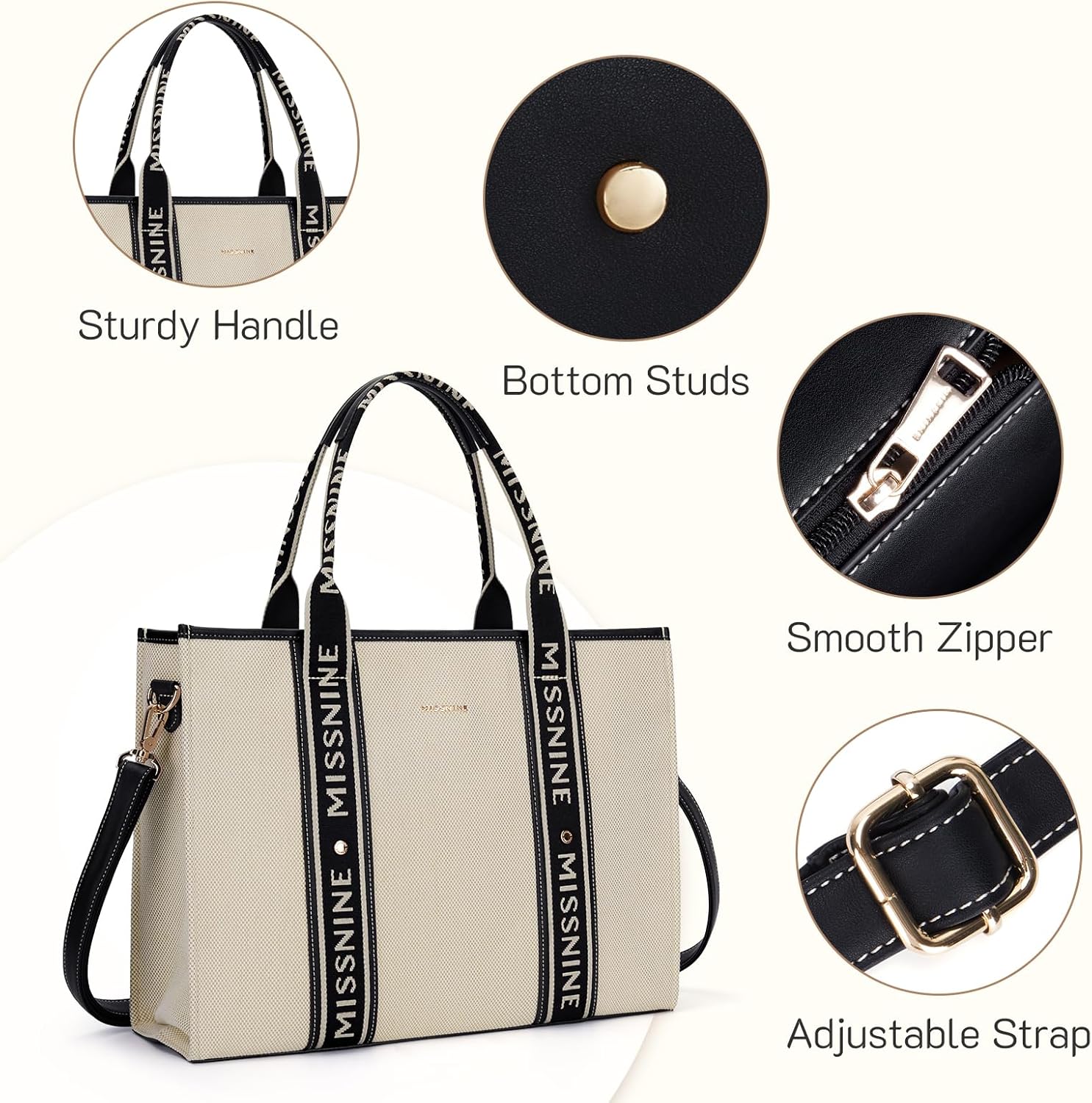 Missnine Tote Bag Canvas Laptop Bag 15.6 Inch Briefcase for Women Large Capacity Handbag for Office School Travel, Black + Beige, Elegant – Bild 6