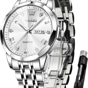 OLEVS Watches Men’s Diamond Business Dress Analogue Quartz Stainless Steel Waterproof Luminous Date Two-Tone Luxury Casual Watch Gifts for Men