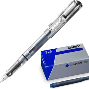 Lamy Set of 1 Safari Vista Transparent Fountain Pen Nib M and 1 x T10 Set of 3 Ink Cartridges in Original Box – Ink Colour Blue