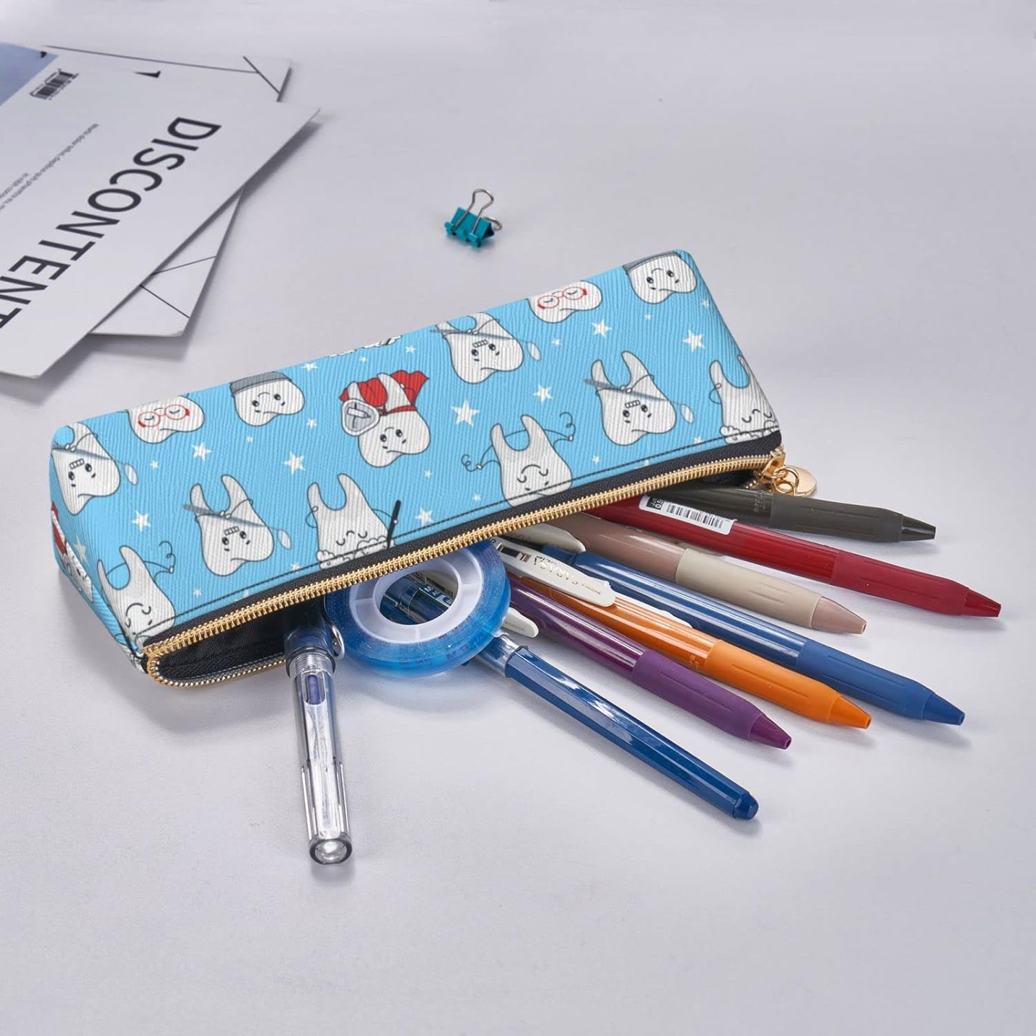 Cute Teeth Pencil Case Triangle Portable Pencil Case Leather Organizer with Zipper Cosmetic Bag, White, Bag organiser – Bild 7