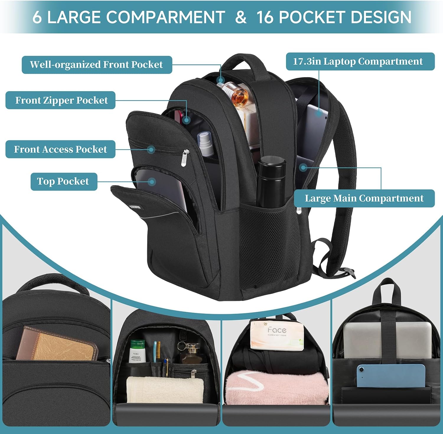 Large Backpack Men's Laptop Backpack Waterproof 17.3 Inch School Backpack Laptop Bag with USB Charging Port Anti Theft Business Work Travel Backpack for Teenagers Boys Men (Black) – Bild 2
