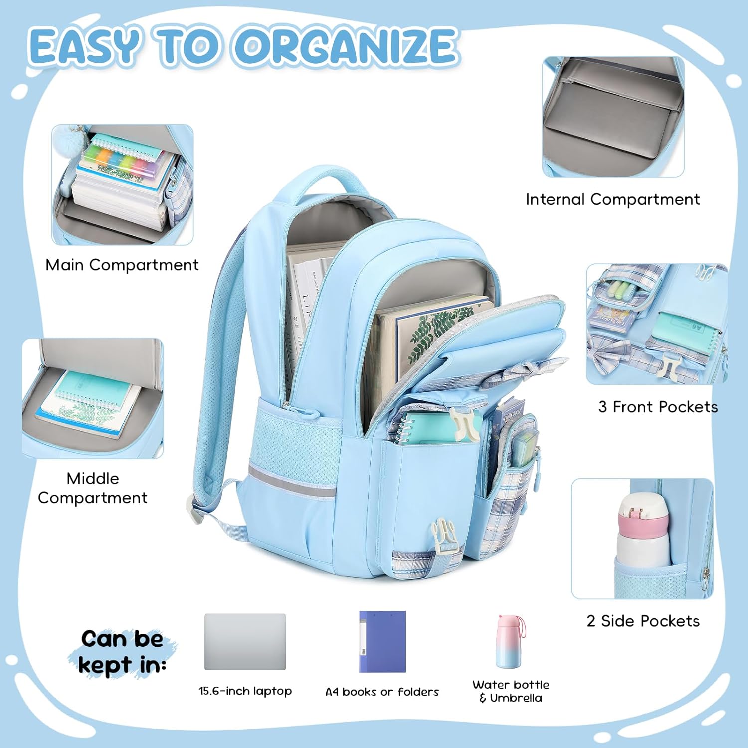 School Bag Girls Set, School Backpack Girls 3 Pieces with Lunch Bag Pencil Case, School Bag for Girls 3rd to 5th Grade, Cute Casual Children's Backpack, Blue – Bild 4